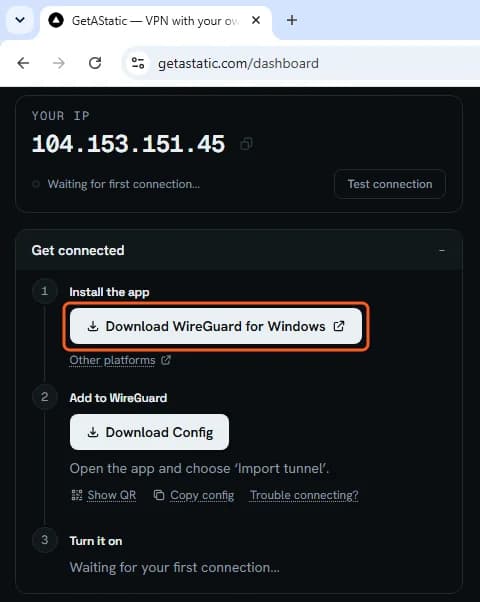 Dashboard, Get connected: the Download WireGuard for Windows button