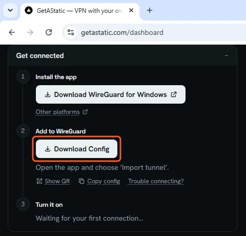 Dashboard step 2, Add to WireGuard: the Download Config button