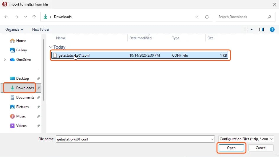 Import window: Downloads selected on the left, the .conf file selected, the Open button