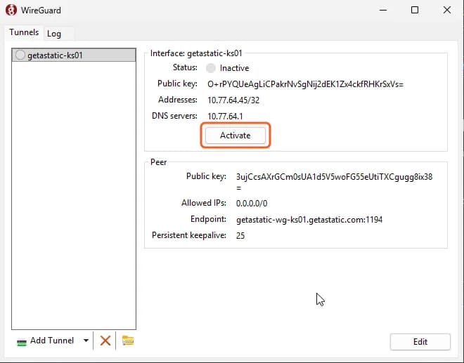 WireGuard: the imported tunnel, Status Inactive, the Activate button