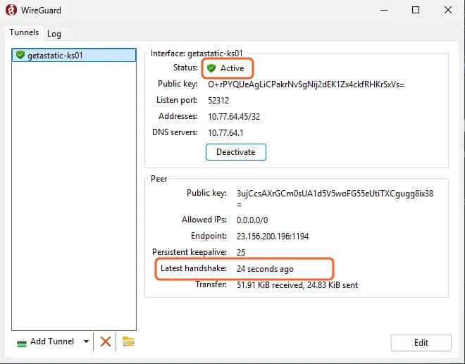 WireGuard: Status Active, Latest handshake 24 seconds ago