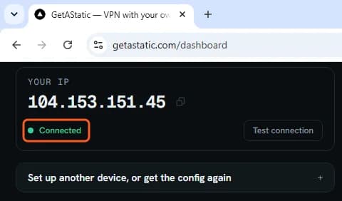 Dashboard after a reload: Connected under Your IP, setup steps closed