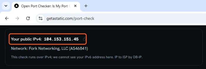 Port checker page: Your public IPv4 shows the static IP