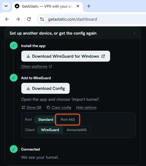 Trouble connecting? options: Port Standard or Port 443