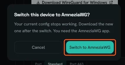 Switch this device to AmneziaWG? dialog: the Switch to AmneziaWG button