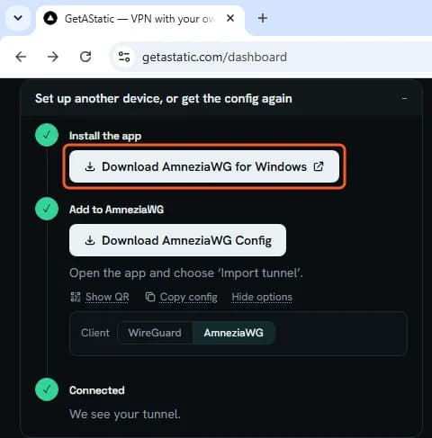 Dashboard after the switch: the Download AmneziaWG for Windows button