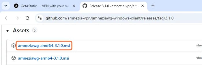 GitHub release page, Assets: the amneziawg-amd64 .msi file