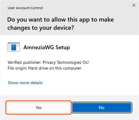 Windows User Account Control: AmneziaWG Setup, Verified publisher Privacy Technologies OU, the Yes button