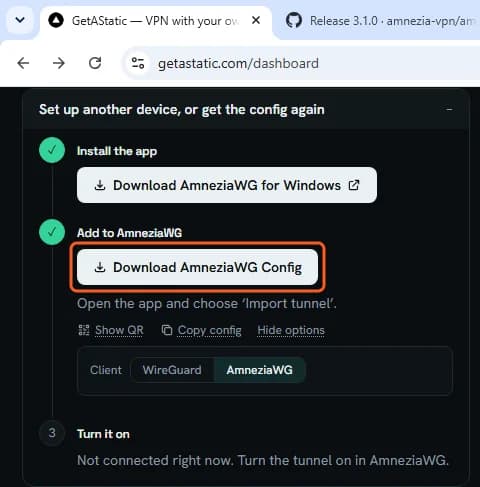 Dashboard step 2, Add to AmneziaWG: the Download AmneziaWG Config button