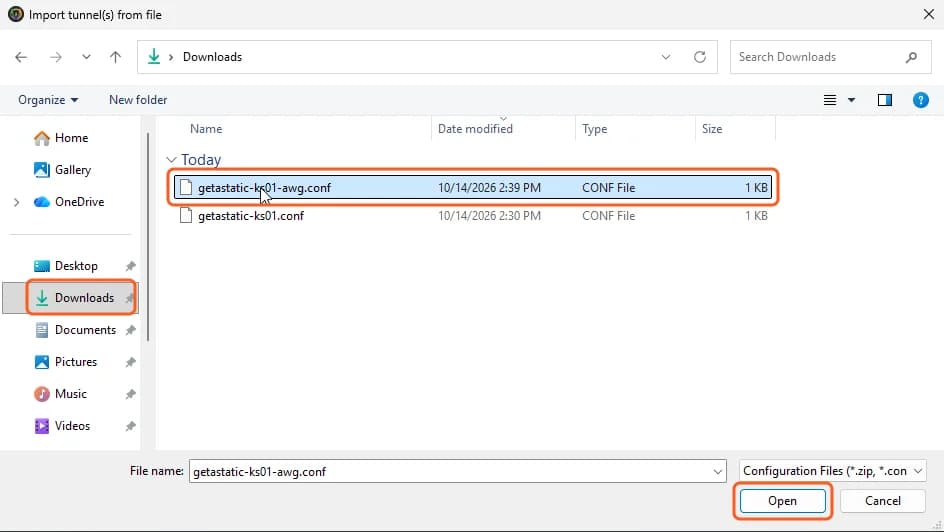AmneziaWG import window: Downloads, the -awg.conf file selected, the Open button